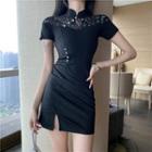Short-sleeve Lace Panel Bodycon Mini Qipao Dress