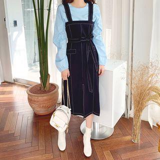 Set: Stitched Long Pinafore Dress + Drawstring-sleeve Top