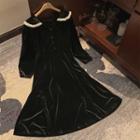 Frilled Velvet Shirtwaist Dress Black - One Size