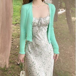 Spaghetti Strap Floral Midi Bodycon Dress / Plain Cardigan