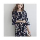 Bell-sleeve Floral Print Dress With Sash