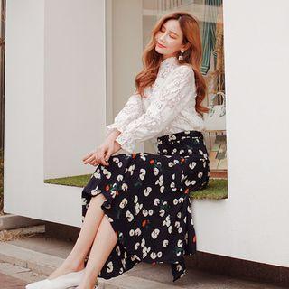 Floral Pattern A-line Skirt With Belt