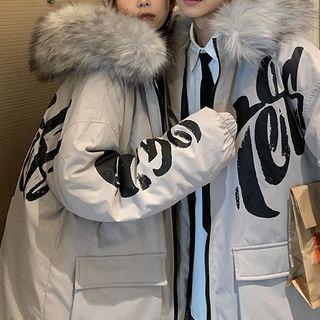 Couple Matching Lettering Hooded Zip-up Down Parka