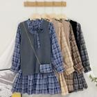Set: Sweater Vest + Long-sleeve Plaid Mini Dress + Crossbody Bag