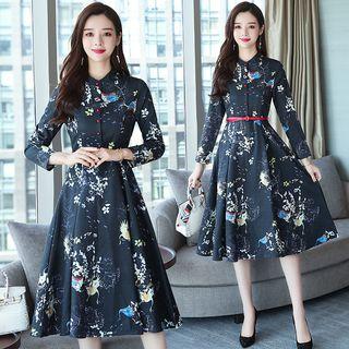 Print Long-sleeve Midi A-line Chiffon Dress