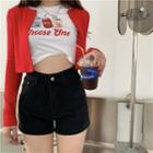 Drink Print Cropped T-shirt / Plain Cardigan