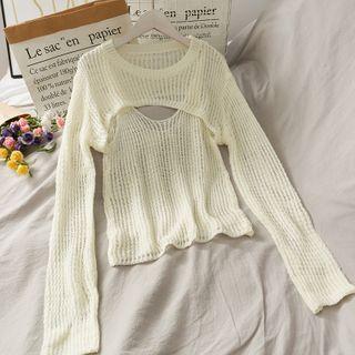 Set: Open-knit Sheer Tank Top + Cropped Long-sleeve Cape Top