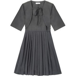 Set : Short-sleeve Plain Cropped Jacket + Accordion Pleat Spaghetti-strap Dress