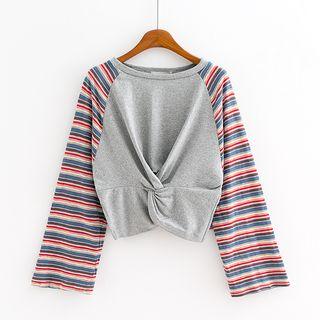 Long-sleeve Knot-front Striped Panel T-shirt