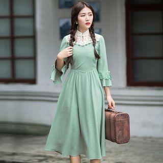 Ruffle Sleeve Lace Panel Midi Dress