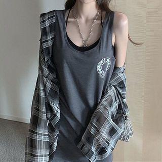 Lettering Tank Top / Plaid Shirt