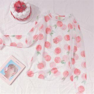 Fruit Print Long-sleeve Mesh Top As Shown In Figure - One Size