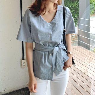 Tie-belt V-neck Linen Blouse