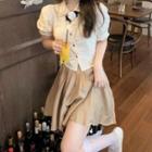 Puff-sleeve Bow Crop Shirt / Mini A-line Skirt