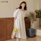 Elbow-sleeve Square-neck Midi A-line Dress Off-white - One Size