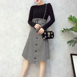 Set: Long-sleeve T-shirt + Houndstooth High-waist A-line Skirt