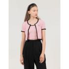 Set: Contrast-trim Cropped Cardigan + Camisole Top Pink - One Size