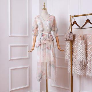 3/4-sleeve Ruffled Floral A-line Dress