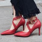 Cross-strap Pointy-toe Genuine Leather Pumps