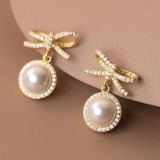 Knot Rhinestone Faux Pearl Sterling Silver Dangle Earring 1 Pair - Gold - One Size