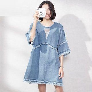 3/4-sleeve Distressed Frayed Trim Dress