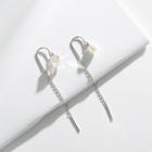 Non-matching 925 Sterling Silver Faux Pearl & Cubic Rhinestone Dangle Earring Non-matching Earring - Faux Pearl & Cube - Multicolor - One Size