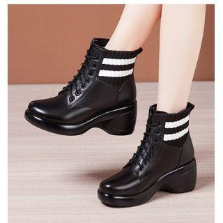 Lace-up Striped Wedge-heel Short Boots