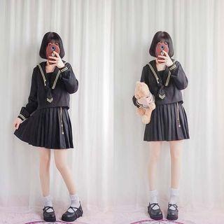 Set: Long-sleeve Sailor-collared Top + Pleated Mini Skirt