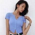 Buttoned Short-sleeve Cropped Ribbed Knit Top