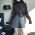 Long-sleeve Cable Knit Cardigan / High-waist Woolen Shorts
