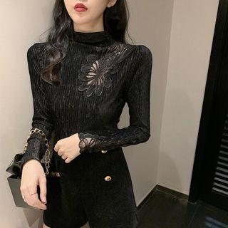 Patchwork Rhinestone Velvet Top Black - One Size