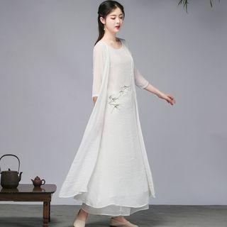 Traditional Chinese Mock Two-piece 3/4-sleeve Maxi Dress