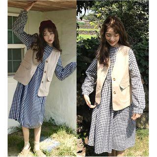 Buttoned Vest / Plaid Long-sleeve A-line Dress