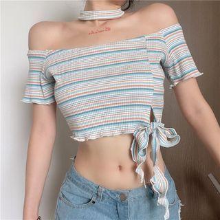 Short-sleeve Off-shoulder Striped Crop Top