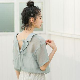 Plain Short-sleeve Tie-back Blouse Light Green - One Size