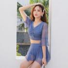 Set: Drawstring Flared-sleeve Tankini Top + Swim Skirt