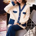 Loungewear Set : Contrast Trim Pocket Long-sleeve Shirt + Pants