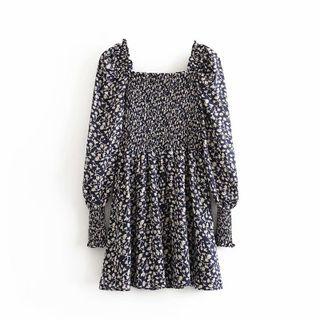 Long-sleeve Floral Print Mini Smock Dress