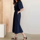 Plain Short-sleeve Midi A-line Dress Dark Blue - One Size