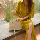 Puff-sleeve Plain Shirt Dress Greenish Yellow - One Size
