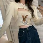 Set: Cropped Sweater + Rabbit Embroidered Knit Camisole Top