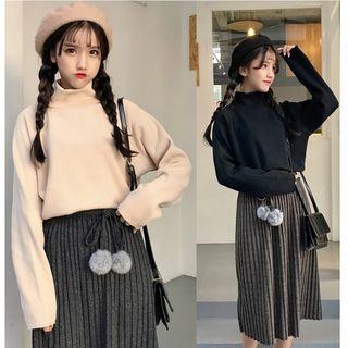 High Neck Pullover / Pleated Midi Skirt