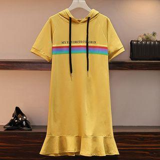 Short-sleeve Letter Striped Frill Trim Hoodie Dress