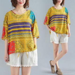 Short-sleeve Patterned Top As Shown In Figure - One Size