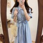 Tie-front Short-sleeve Striped A-line Dress