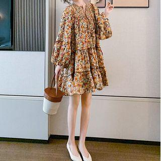 Long-sleeve Floral Print Tiered Mini A-line Dress
