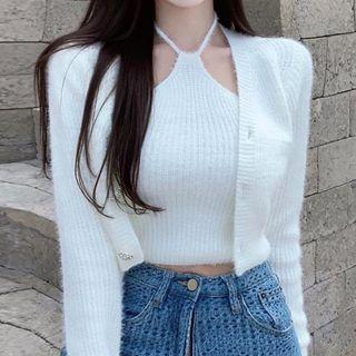Set: Halter-neck Knit Camisole Top + Cropped Cardigan