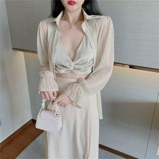 Set: Chiffon Long Shirt + Twisted Crop Top / Slited Midi Skirt