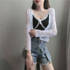 Spaghetti Strap Contrast Lace Cropped Camisole Top / Long Sleeve Lace Plain Cropped Cardigan