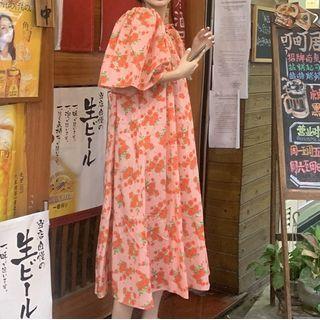 Short-sleeve Floral Print Midi Dress Orange Pink - One Size